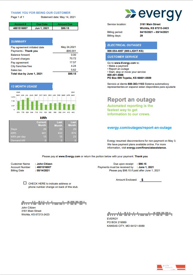USA Missouri Evergy electricity utility bill template in .doc and .pdf format